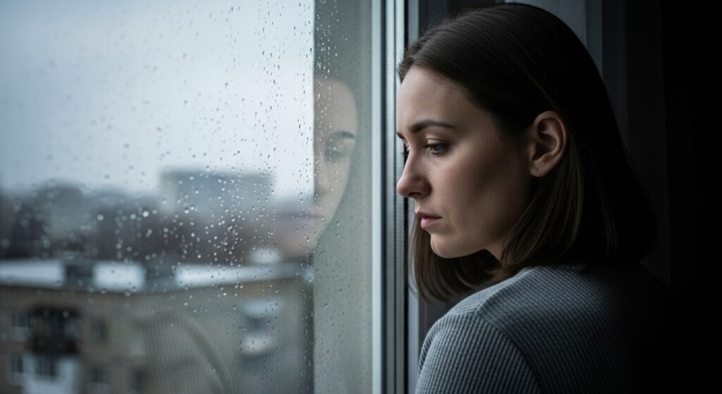 Pessoa com depressão silenciosa olhando pela janela