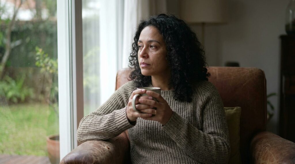 Mulher na menopausa com expressão pensativa e cansada, representando os sintomas de névoa mental e dificuldade cognitiva do TDAH na meia-idade