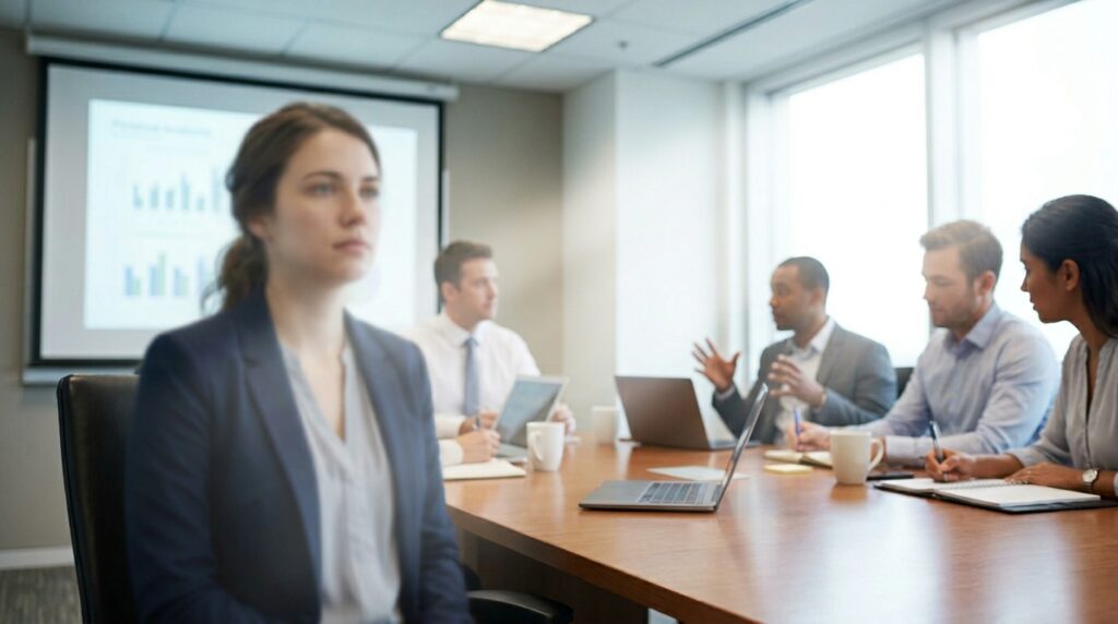 Mulher dissociada em reunião de trabalho com olhar distante — dissociação emocional causada por ansiedade e trauma