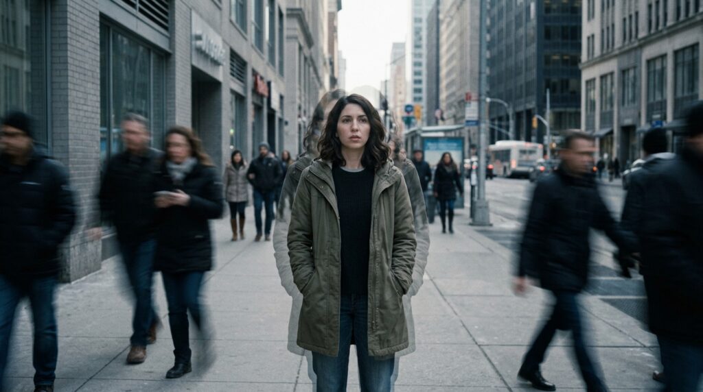 Mulher parada no meio de calçada movimentada com expressão dissociada — dissociação causada por ansiedade e sensação de irrealidade