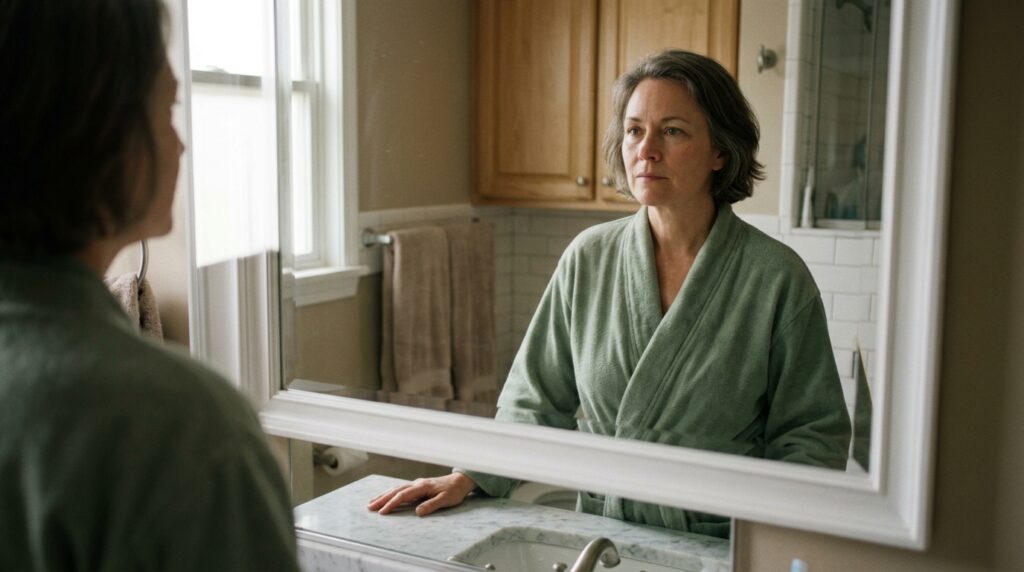 Mulher de 50 anos se olhando no espelho de manhã com expressão reflexiva — menopausa e saúde mental, ansiedade e mudanças emocionais na perimenopausa