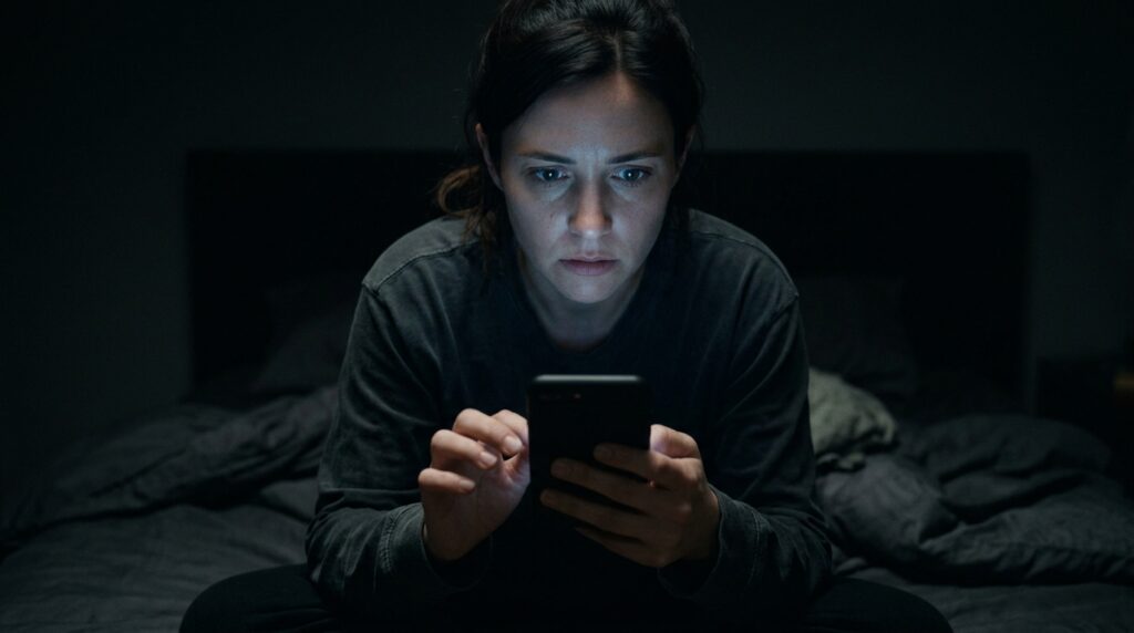 Mulher olhando para celular à noite com expressão de conflito emocional — hoovering narcisista quando ele volta e como resistir