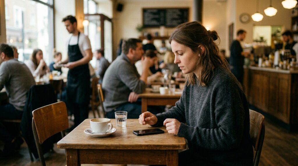 Mulher sozinha em café olhando para celular desligado com cadeira vazia à frente — dependência emocional após término e dificuldade de superar separação