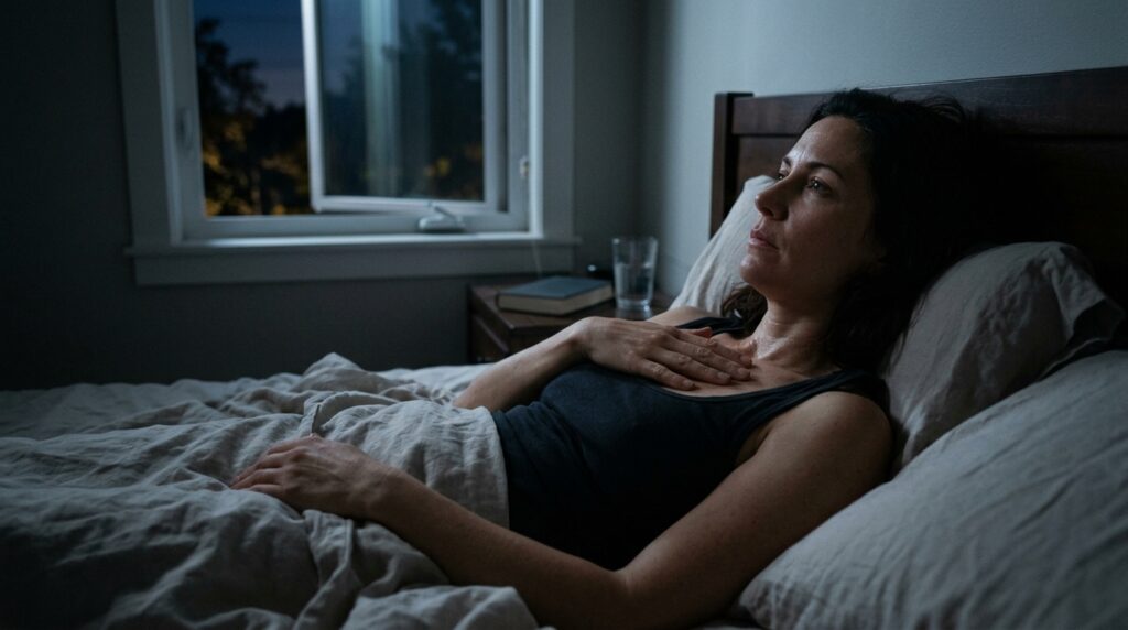 Mulher acordada na madrugada com calor e mão no peito — hormônios e sono feminino, insônia por TPM e menopausa