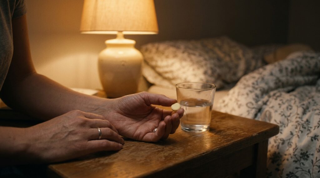 Mão feminina segurando pastilha de melatonina à noite com copo de água na cabeceira — melatonina como usar certo dose e para quem serve