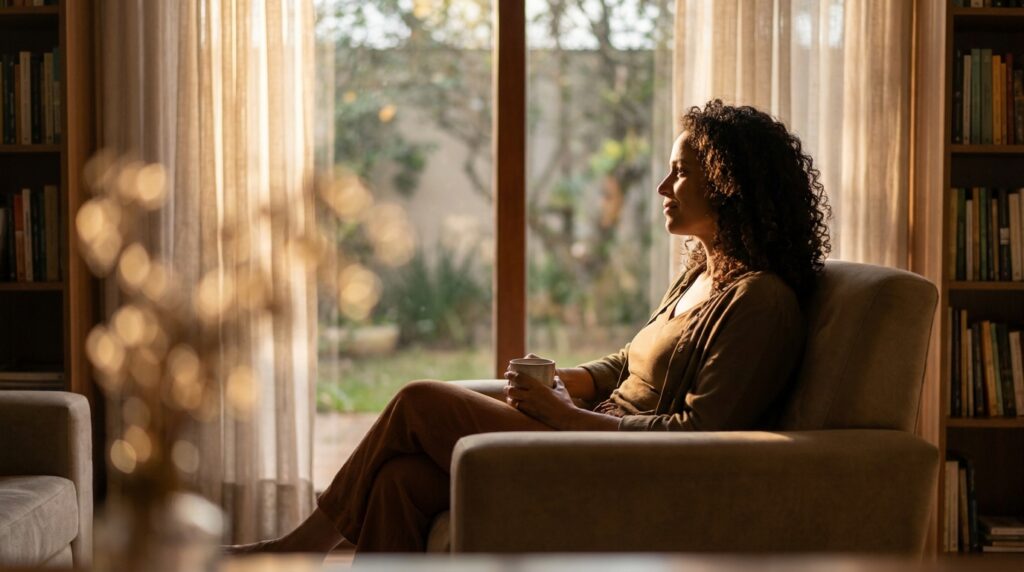 Mulher adulta em ambiente calmo olhando pela janela com expressão reflexiva, representando o momento de reconhecimento e autocompreensão no processo de investigação do TDAH