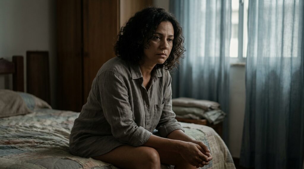 Mulher adulta sentada na beira da cama pela manhã com expressão de confusão e cansaço, representando a sensação persistente de que algo está errado, comum no TDAH feminino não diagnosticado