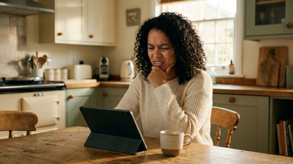 Mulher adulta lendo questionário em tablet com expressão de concentração e incerteza, representando o processo de realização de teste de TDAH online
