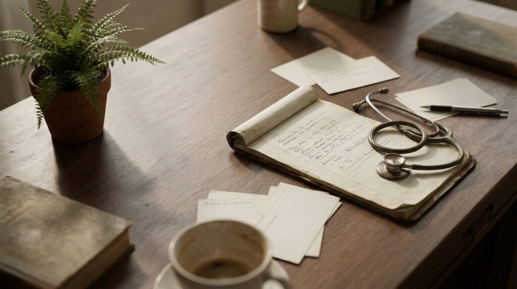 Mesa de consultório médico com bloco de notas com anotações clínicas e estetoscópio, representando o processo de avaliação profissional para diagnóstico de TDAH