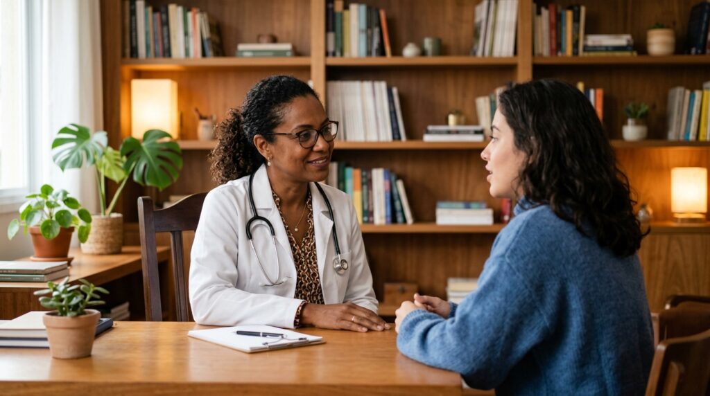 Psiquiatra feminina ouvindo atentamente paciente em consultório acolhedor, representando a avaliação clínica humanizada para TDAH em mulheres adultas