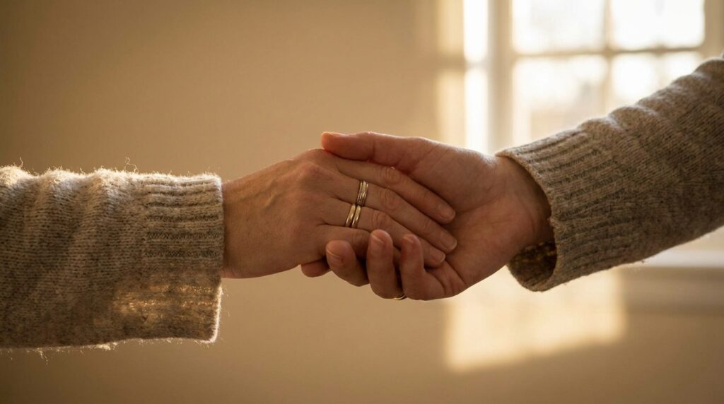 Mãos femininas em gesto de amparo e cuidado representando apoio emocional e saúde mental
