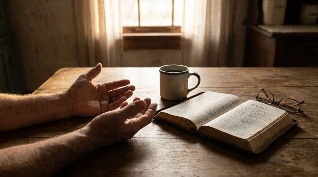 Bíblia aberta com xícara de café representando espiritualidade e reflexão no cotidiano cristão"