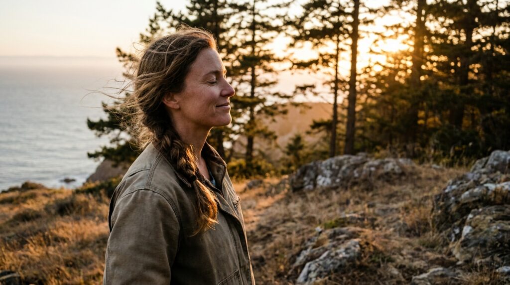 Mulher em contato com a natureza representando paz, cura emocional e esperança espiritual"