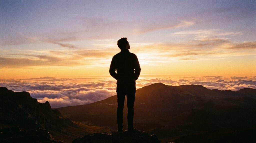 Pessoa contemplando o horizonte representando busca espiritual e existencial"