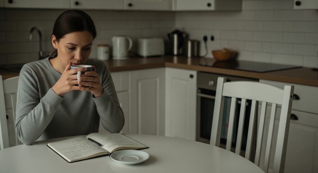 Mulher com TDAH preparando mentalmente uma conversa difícil, caderno com anotações na mesa, representando o esforço invisível do masking relacional
