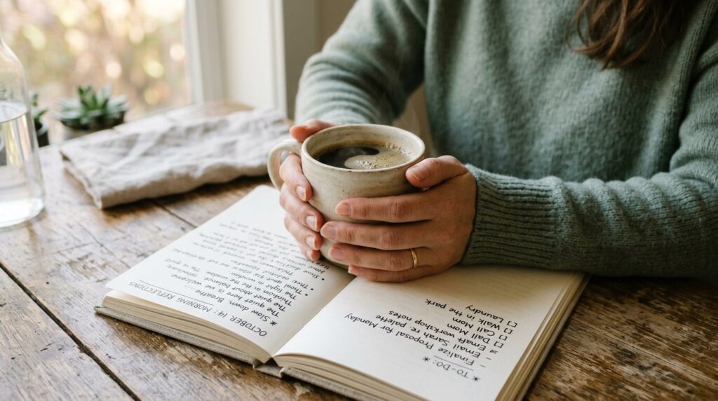 Mãos femininas segurando xícara sobre caderno com anotações e lista de tarefas incompleta, representando a sobrecarga cognitiva e emocional do TDAH feminino não diagnosticado