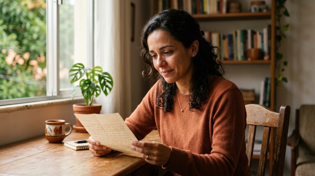 Mulher adulta segurando papel com expressão reflexiva de alívio e tristeza, representando o processo emocional do diagnóstico tardio de TDAH