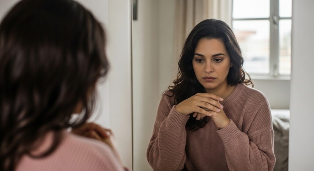 Mulher adulta evitando o próprio reflexo no espelho, ilustrando o impacto do TDAH não diagnosticado na autoestima feminina