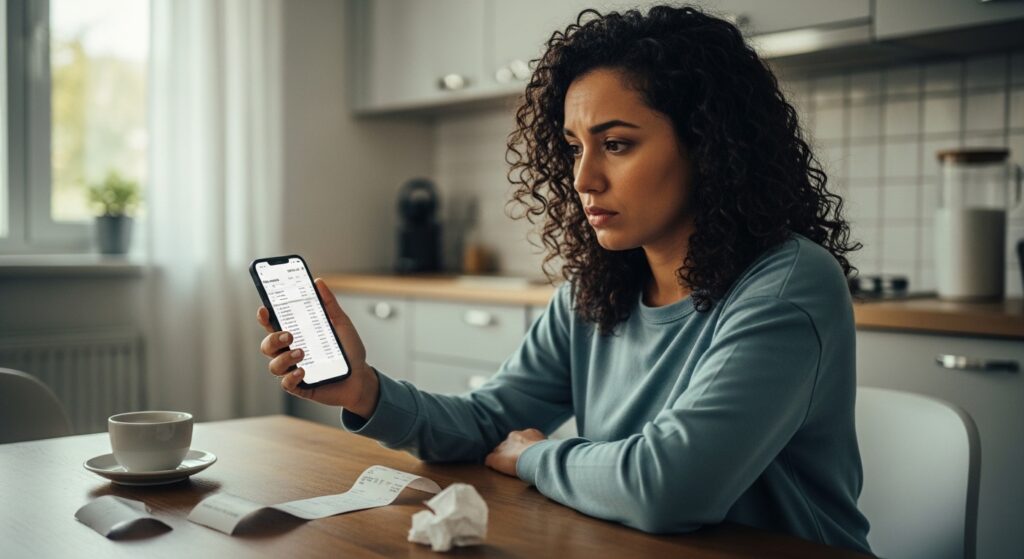 Mulher olhando para extrato bancário com expressão de confusão e vergonha, ilustrando as dificuldades financeiras relacionadas ao TDAH