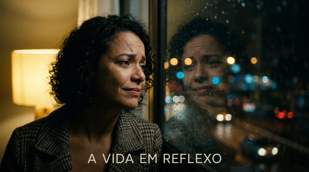 Mulher adulta olhando para reflexo na janela à noite com expressão contemplativa, representando o processo de reconhecimento tardio do TDAH feminino