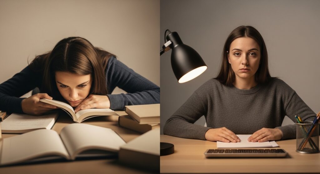 Contraste visual entre hiperfoco intenso e paralisia total no TDAH feminino, ilustrando por que o transtorno é frequentemente confundido com preguiça