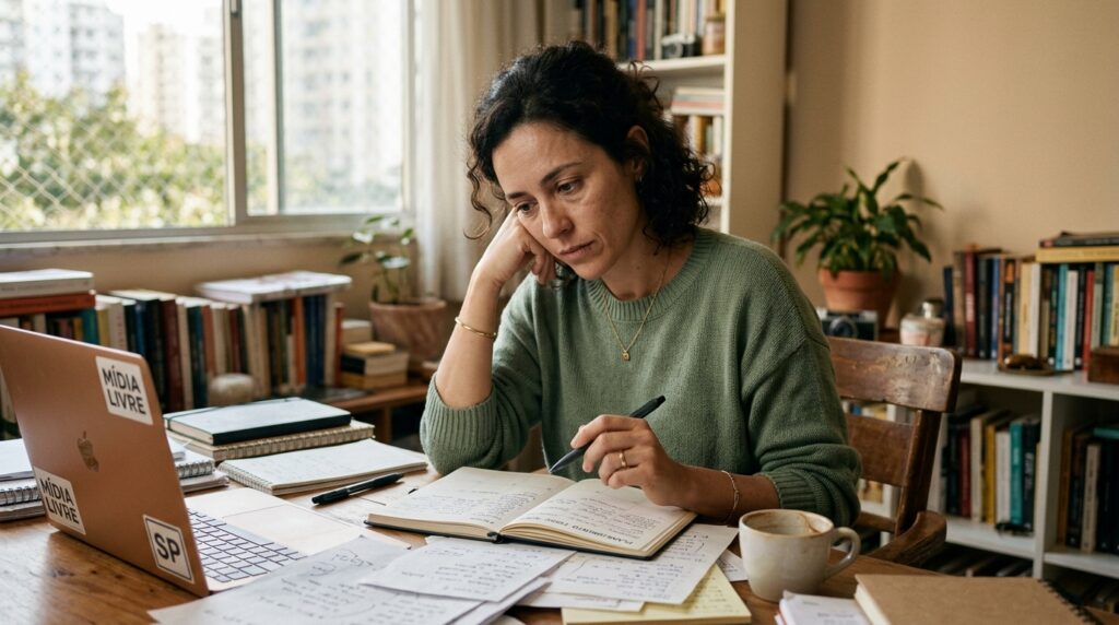 Mulher adulta olhando para caderno aberto com expressão pensativa, representando a dúvida sobre TDAH feminino