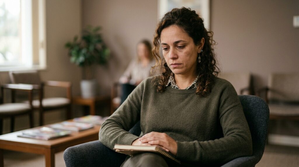 Mulher com expressão de cansaço e reflexão sentada em ambiente de espera, representando anos de tratamento para ansiedade sem resolução completa