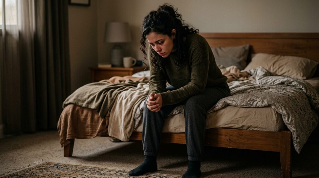 Mulher sentada na beira da cama com expressão de exaustão emocional intensa, representando o sofrimento do TDPM associado ao TDAH feminino