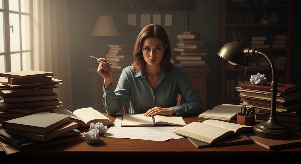 Mulher com TDAH paralisada diante de tarefas inacabadas, representando o ciclo de autoestima baixa e dificuldade de execução no TDAH feminino