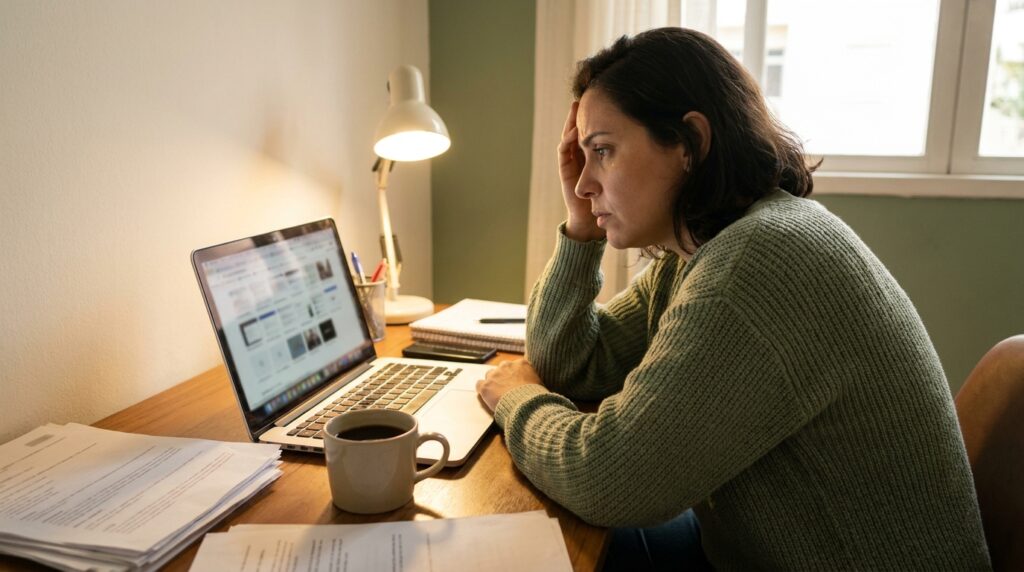 Mulher adulta em frente a computador com café esquecido e abas abertas ao fundo, expressão de esforço invisível, representando a dificuldade de foco e iniciação características do déficit de atenção