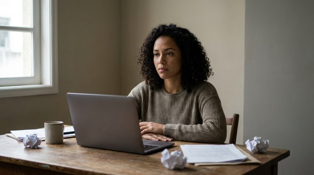 Mulher com TDAH paralisada diante do computador, incapaz de iniciar a tarefa apesar de querer — ilustrando a paralisia da tarefa no TDAH