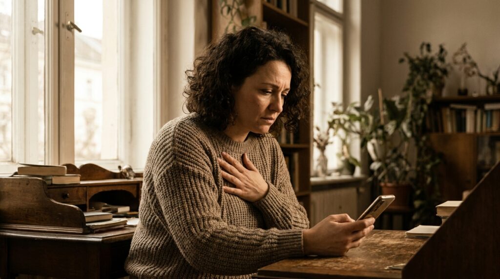 Mulher adulta olhando para o celular com expressão de dor emocional intensa, ilustrando a disforia sensível à rejeição no TDAH feminino