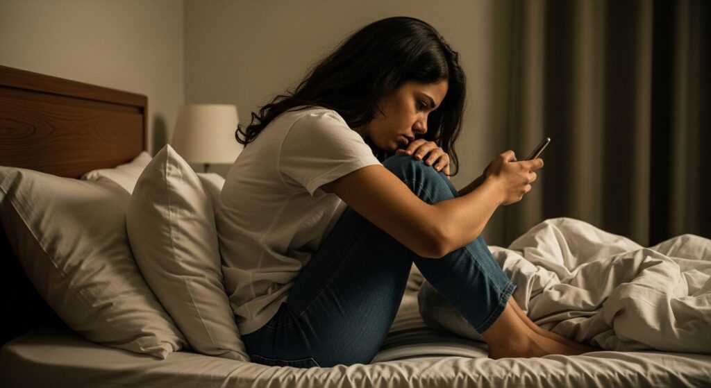 Mulher com TDAH sentada na beirada da cama com expressão de esgotamento emocional, ilustrando o custo invisível de relacionamentos sem diagnóstico