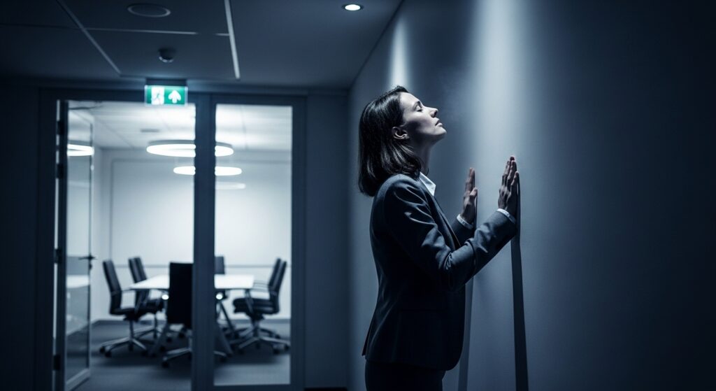 Mulher com TDAH respirando fundo antes de entrar em reunião, representando o esforço invisível do masking profissional no ambiente de trabalho