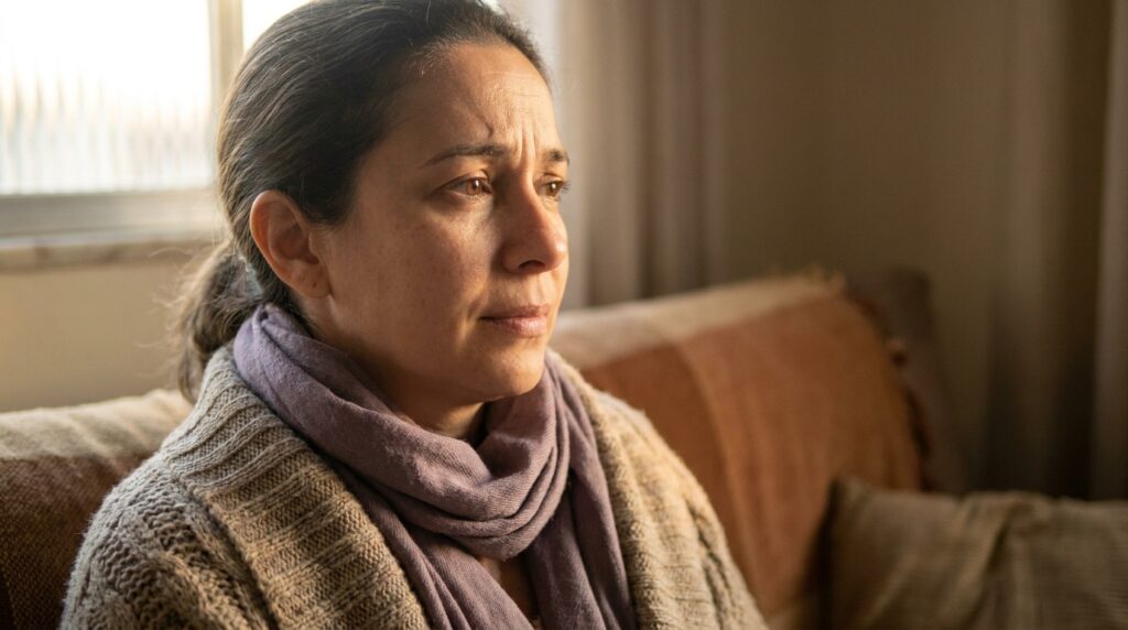 Rosto de mulher adulta em perfil com olhar levemente perdido, expressão de sobrecarga interna silenciosa, representando os sinais emocionais invisíveis do TDAH feminino