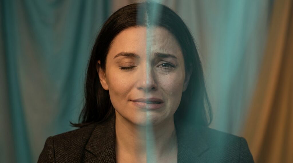 Ilustração do contraste emocional vivido por mulheres com TDAH e disforia sensível à rejeição: composta por fora, destruída por dentro
