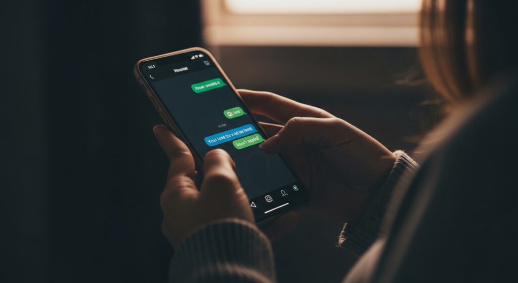 Mãos segurando celular com conversa não respondida há semanas, representando o isolamento progressivo vivido por mulheres com TDAH nas amizades