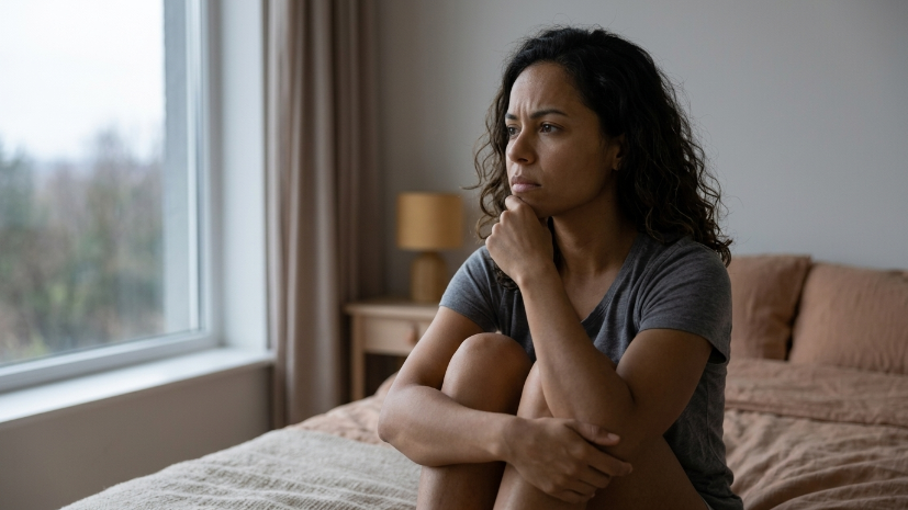 Mulher sentada na cama com expressão de turbulência emocional representando os sintomas emocionais intensos da TPM