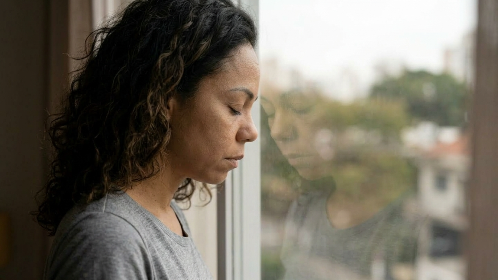 Mulher com a testa apoiada na janela e expressão de peso interno profundo representando o esgotamento emocional e a sensação de cansaço da vida