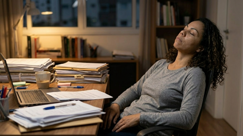 Mulher sentada à mesa recostada com olhos fechados e expressão de completo esgotamento emocional representando o burnout e a exaustão profunda