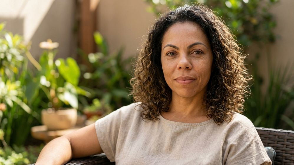 Mulher brasileira com expressão de força tranquila e autoconsciência representando a saúde mental feminina integrativa com equilíbrio emocional