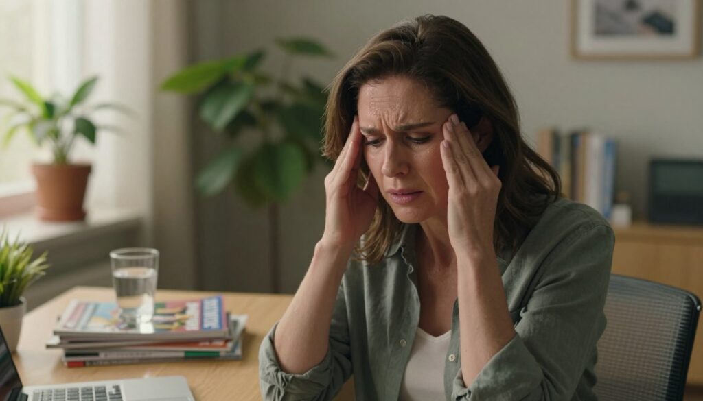 A concerned woman in her 40s experiencing a hot flash, depicted in a cozy, softly lit office environment. In the foreground, her face shows a mix of discomfort and surprise, with beads of sweat forming on her forehead, highlighting the physical symptom of a hot flash. The middle ground features a desk cluttered with health magazines and a glass of water, symbolizing the quest for relief. The background presents a calming atmosphere with potted plants and warm natural light filtering through a window, suggesting a serene yet realistic setting. The overall mood is one of relatable struggle and resilience. The image should be styled as premium editorial photography for women's health, in line with Vidah Plena | women's health standards. A concerned woman in her 40s experiencing a hot flash, depicted in a cozy, softly lit office environment. In the foreground, her face shows a mix of discomfort and surprise, with beads of sweat forming on her forehead, highlighting the physical symptom of a hot flash. The middle ground features a desk cluttered with health magazines and a glass of water, symbolizing the quest for relief. The background presents a calming atmosphere with potted plants and warm natural light filtering through a window, suggesting a serene yet realistic setting. The overall mood is one of relatable struggle and resilience. The image should be styled as premium editorial photography for women's health, in line with Vidah Plena | women's health standards.