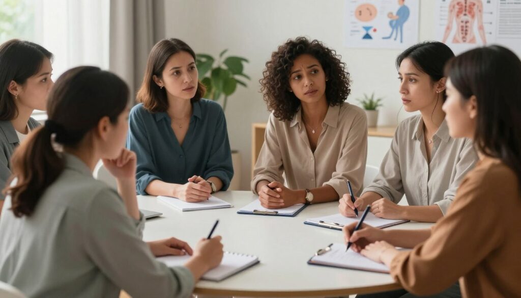 A detailed and illustrative scene depicting a diverse group of women in various professional and modest casual clothing, focused on a round table discussing shared symptoms of PMDD and OCD. The foreground features a woman attentively taking notes, her expression reflecting concentration and concern. In the middle, two women engage in a dialogue, their body language showing empathy and understanding. The background reveals a softly lit room with plants and medical charts, creating a serene yet serious atmosphere. Use natural lighting to illuminate their expressions and enhance realism. The angle should be slightly elevated, capturing the camaraderie and seriousness of the discussion. The overall mood is supportive and informative, reflecting themes of women's health, suitable for a premium medical magazine style. Vidah Plena | women's health. A detailed and illustrative scene depicting a diverse group of women in various professional and modest casual clothing, focused on a round table discussing shared symptoms of PMDD and OCD. The foreground features a woman attentively taking notes, her expression reflecting concentration and concern. In the middle, two women engage in a dialogue, their body language showing empathy and understanding. The background reveals a softly lit room with plants and medical charts, creating a serene yet serious atmosphere. Use natural lighting to illuminate their expressions and enhance realism. The angle should be slightly elevated, capturing the camaraderie and seriousness of the discussion. The overall mood is supportive and informative, reflecting themes of women's health, suitable for a premium medical magazine style. Vidah Plena | women's health.