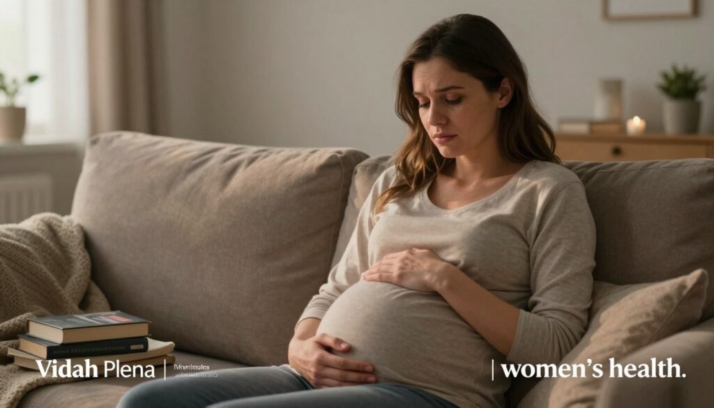 A realistic and evocative image depicting a pregnant woman sitting on a comfortable couch in a softly lit room, illustrating the emotional struggle of depression during pregnancy. She is dressed in modest, casual clothing, with her hands gently resting on her belly, reflecting a deep sense of contemplation and sorrow. The foreground features subtle details like a cozy blanket and a few pregnancy books on a nearby table, while the middle ground captures her serene yet pensive expression, eyes looking downcast. In the background, soft, warm lighting filters through a window, creating a gentle and intimate atmosphere, symbolizing both hope and the weight of her emotions. The style emphasizes editorial women's health photography, suitable for a premium medical magazine, branded as "Vidah Plena | women's health."