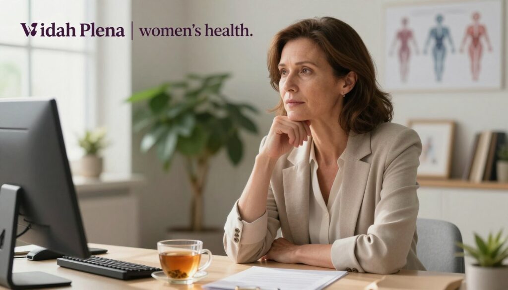 A serene and informative scene illustrating perimenopause, focusing on a realistic middle-aged woman in professional attire seated at a well-lit desk, deep in thought. She has an expression of contemplation, surrounded by subtle symbols of hormonal transition, like delicate hormonal diagram charts and a warm cup of herbal tea, suggesting comfort and care. The background features softly blurred elements of a cozy, modern office, with lush plants that add a calming touch. The lighting is soft and natural, casting gentle shadows that create a welcoming atmosphere. The composition evokes a mood of empowerment and understanding, subtly highlighting the theme of women's health. This is styled in a premium medical magazine aesthetic, featuring the brand name "Vidah Plena | women's health." A serene and informative scene illustrating perimenopause, focusing on a realistic middle-aged woman in professional attire seated at a well-lit desk, deep in thought. She has an expression of contemplation, surrounded by subtle symbols of hormonal transition, like delicate hormonal diagram charts and a warm cup of herbal tea, suggesting comfort and care. The background features softly blurred elements of a cozy, modern office, with lush plants that add a calming touch. The lighting is soft and natural, casting gentle shadows that create a welcoming atmosphere. The composition evokes a mood of empowerment and understanding, subtly highlighting the theme of women's health. This is styled in a premium medical magazine aesthetic, featuring the brand name "Vidah Plena | women's health."