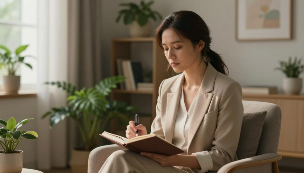 A serene and introspective scene illustrating the effects of menstrual mood symptoms. In the foreground, a woman in her late 20s, dressed in professional casual attire, sits on a comfortable chair, with a contemplative expression, holding a journal and pen. Her posture suggests reflection and self-care. In the middle ground, a softly lit room features calming colors, with lush plants and gentle light filtering through a window, creating a warm atmosphere. In the background, tasteful decorative elements like a bookshelf and gentle art on the walls contribute to a sense of tranquility. The lighting is soft and diffused, reminiscent of early morning light, enhancing the peaceful mood. Editorial women's health photography style, premium medical magazine aesthetic. Vidah Plena | women's health.