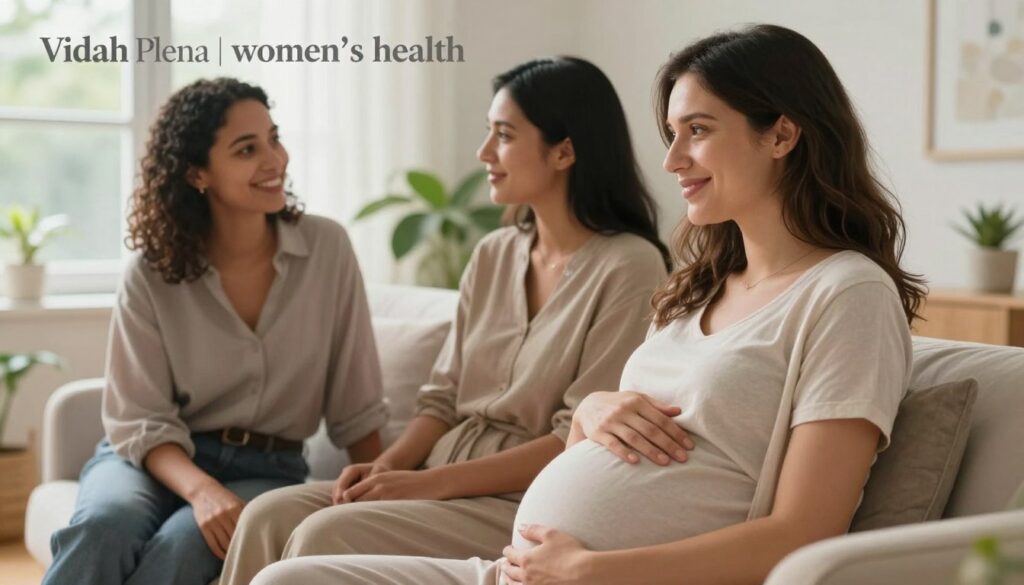 A serene atmosphere depicting a diverse group of three women in modest casual clothing, gathered in a bright, airy room with soft natural light filtering through large windows. The foreground features a pregnant woman with a gentle smile, gently cradling her baby bump, radiating a sense of calm and contentment. In the middle ground, the other two women share supportive expressions, engaged in uplifting conversation. The background includes soothing colors and plants, creating a nurturing environment. The composition should emphasize a feeling of hope and growth, capturing the essence of improvement during pregnancy amidst PMDD. The visual style should reflect premium medical magazine aesthetics, suitable for "Vidah Plena | women's health". A serene atmosphere depicting a diverse group of three women in modest casual clothing, gathered in a bright, airy room with soft natural light filtering through large windows. The foreground features a pregnant woman with a gentle smile, gently cradling her baby bump, radiating a sense of calm and contentment. In the middle ground, the other two women share supportive expressions, engaged in uplifting conversation. The background includes soothing colors and plants, creating a nurturing environment. The composition should emphasize a feeling of hope and growth, capturing the essence of improvement during pregnancy amidst PMDD. The visual style should reflect premium medical magazine aesthetics, suitable for "Vidah Plena | women's health".