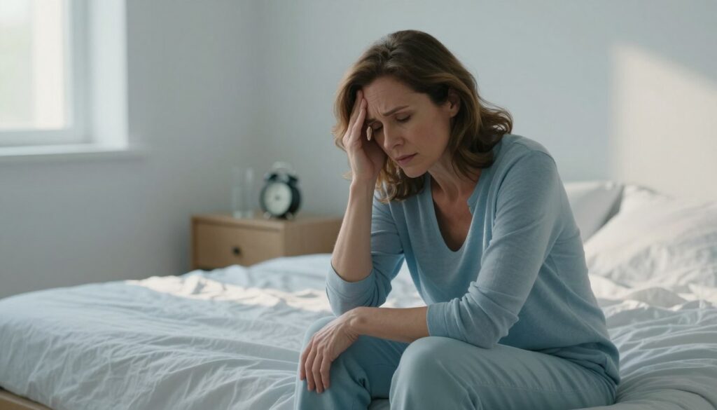 A serene bedroom scene depicting a middle-aged woman sitting on the edge of her neatly made bed, wearing modest, comfortable clothing. She displays a contemplative expression, with slightly furrowed brows, holding her head in one hand as if overwhelmed by fatigue. Soft morning light streams through a window, casting gentle shadows that enhance the calm atmosphere. In the background, a bedside table features a small alarm clock and a glass of water, symbolizing a restless night. The color palette is soothing, with pastel blues and soft whites, evoking a sense of tranquility. The image should convey the struggle with sleep problems and fatigue during perimenopause, fitting the editorial women's health photography style of a premium medical magazine. Vidah Plena | women's health. A serene bedroom scene depicting a middle-aged woman sitting on the edge of her neatly made bed, wearing modest, comfortable clothing. She displays a contemplative expression, with slightly furrowed brows, holding her head in one hand as if overwhelmed by fatigue. Soft morning light streams through a window, casting gentle shadows that enhance the calm atmosphere. In the background, a bedside table features a small alarm clock and a glass of water, symbolizing a restless night. The color palette is soothing, with pastel blues and soft whites, evoking a sense of tranquility. The image should convey the struggle with sleep problems and fatigue during perimenopause, fitting the editorial women's health photography style of a premium medical magazine. Vidah Plena | women's health.