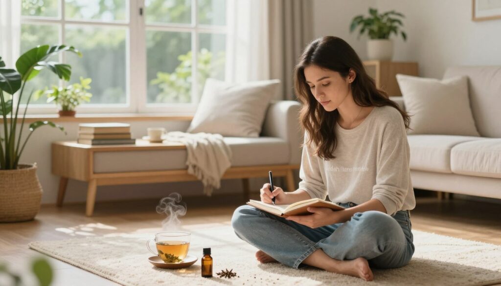 A serene, cozy indoor setting reflecting lifestyle coping strategies for PMDD and OCD. In the foreground, a young woman in modest casual clothing sits cross-legged on a soft rug, journaling with a calm expression, surrounded by wellness items like herbal tea, essential oils, and calming plants. In the middle ground, softly diffused natural light streams in through a large window, illuminating a comfortable reading nook with books on mental health and relaxation. In the background, a small indoor garden adds a touch of nature, creating a soothing atmosphere. The overall mood is peaceful and encouraging, embodying wellness and self-care. High-quality photography in an editorial women's health magazine style, branded subtly with "Vidah Plena | women's health". A serene, cozy indoor setting reflecting lifestyle coping strategies for PMDD and OCD. In the foreground, a young woman in modest casual clothing sits cross-legged on a soft rug, journaling with a calm expression, surrounded by wellness items like herbal tea, essential oils, and calming plants. In the middle ground, softly diffused natural light streams in through a large window, illuminating a comfortable reading nook with books on mental health and relaxation. In the background, a small indoor garden adds a touch of nature, creating a soothing atmosphere. The overall mood is peaceful and encouraging, embodying wellness and self-care. High-quality photography in an editorial women's health magazine style, branded subtly with "Vidah Plena | women's health".