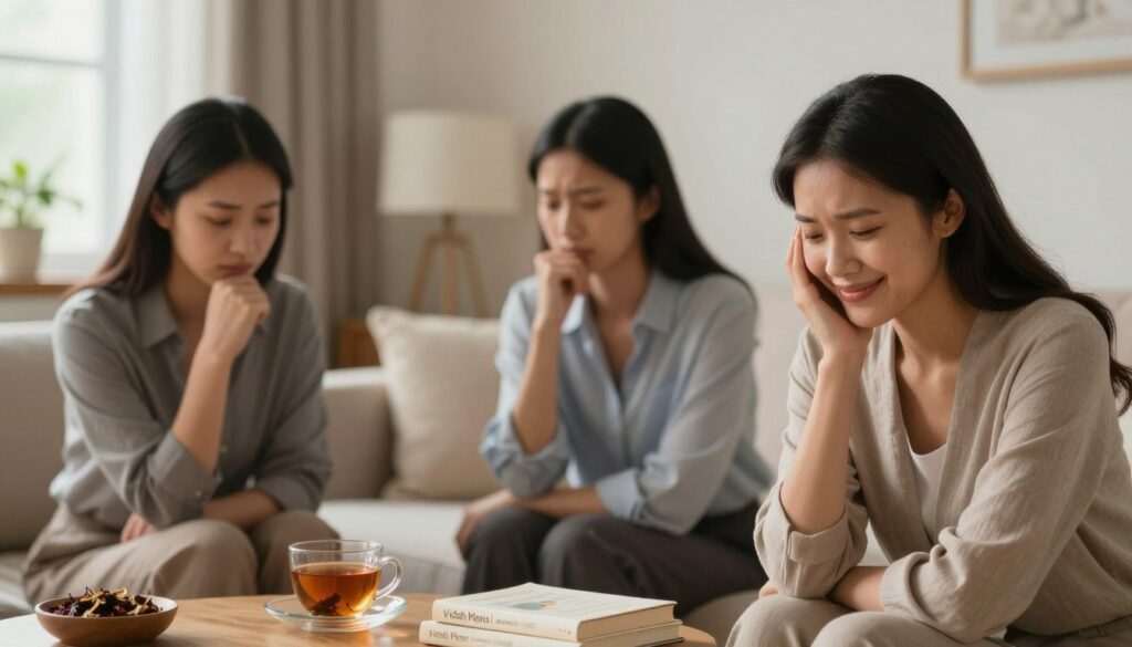 A serene, editorial-style image illustrating "menstrual mood symptoms" for a women's health article. In the foreground, a diverse group of three women, dressed in professional attire, reflect different emotional expressions related to PMDD. One woman appears contemplative, another looks anxious, and the third shows signs of relief with a warm smile. In the middle ground, a softly blurred scene with gentle lighting highlights calming elements like herbal teas and wellness books on a coffee table. The background features a cozy room with soft, warm colors and natural light filtering through a window, creating a tranquil atmosphere. The overall mood is one of introspection and self-care. The brand name "Vidah Plena | women's health" is subtly implied through the setting and props, enhancing the focus on women's emotional health.
